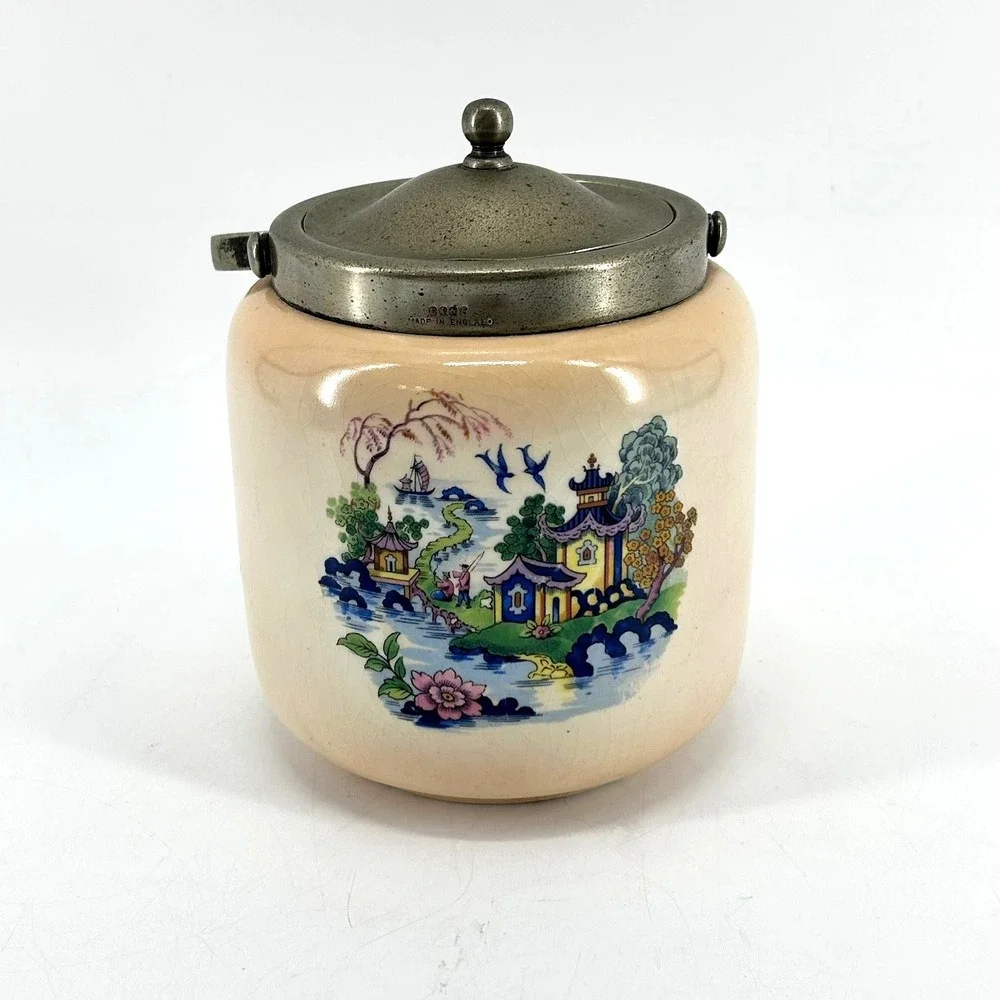 Vintage English Flosmaron Chinoiserie Ceramic Biscuit Barrel Pagoda Jar Lidded